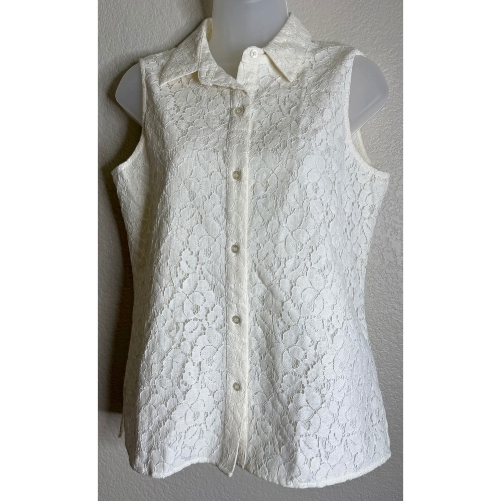 Calvin Klein Womens Size S Sleeveless‎ Lace Button Down Cream Floral Top Chic